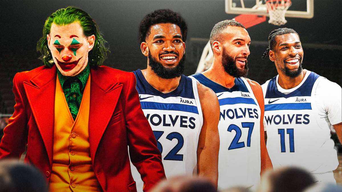 Nikola Jokic as The Joker. Behind him is Karl-Anthony Towns, Rudy Gobert and Naz Reid laughing