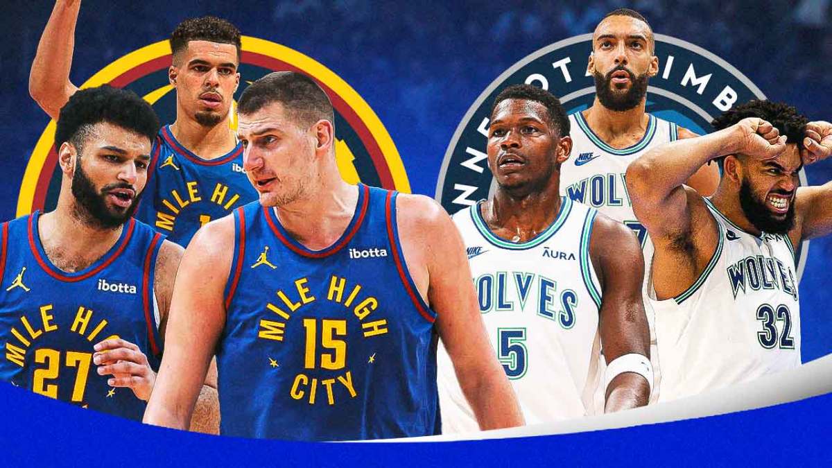 Nikola Jokic, Jamal Murray, Michael Porter Jr., Aaron Gordon, Nuggets logo on one side. Other side is Karl-Anthony Towns, Anthony Edwards, Rudy Gobert, Mike Conley, Timberwolves logo.