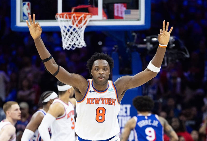 New York Knicks forward OG Anunoby (8) reacts to his three pointer against the Philadelphia 76ers during the second half of game six of the first round for the 2024 NBA playoffs at Wells Fargo Center. 