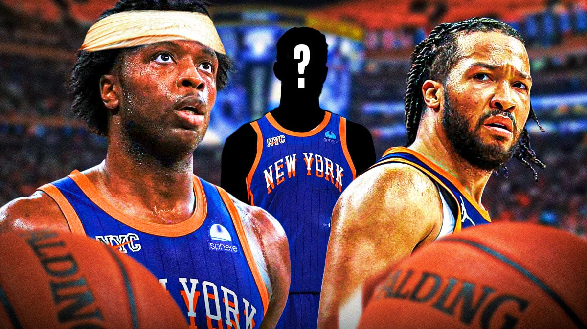 Need cover image of Jalen Brunson screaming (or a different emotional reaction) with OG Anunoby appearing injured, possibly on a gurney or in a hospital bed with a bandage somewhere on his head/face or a cast on his leg. And a third player with a Knicks jersey on and a question mark over his head.