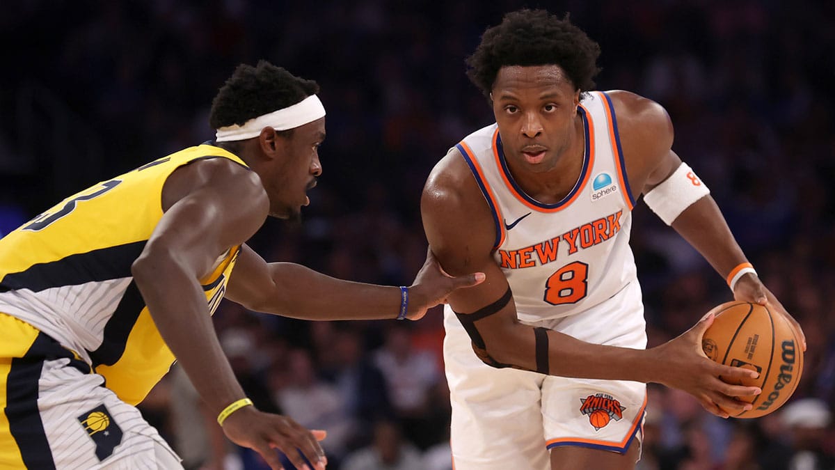 New York Knicks forward OG Anunoby (8) controls the ball against Indiana Pacers forward Pascal Siakam (43) during the second quarter of game one of the second round of the 2024 NBA playoffs at Madison Square Garden.