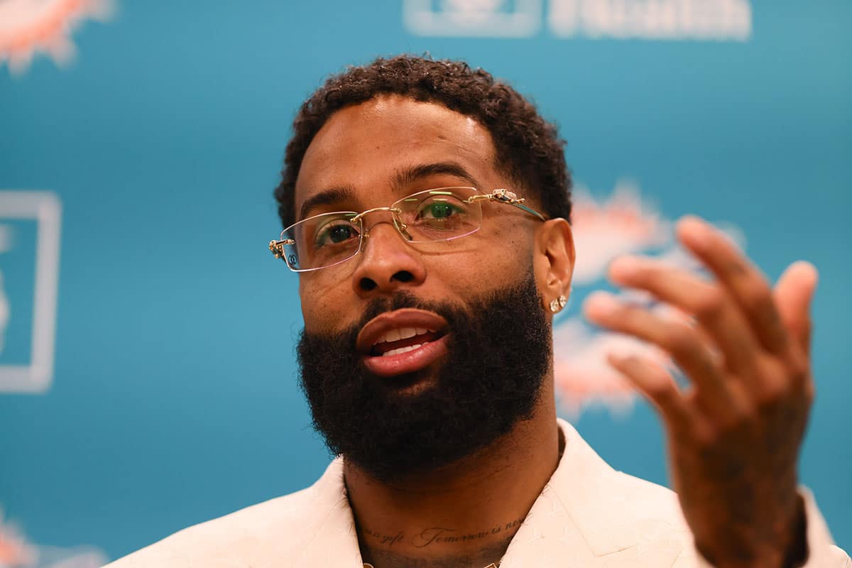 Miami Dolphins wide receiver Odell Beckham Jr. speaks to the media during an introductory press conference at Baptist Health Training Complex.