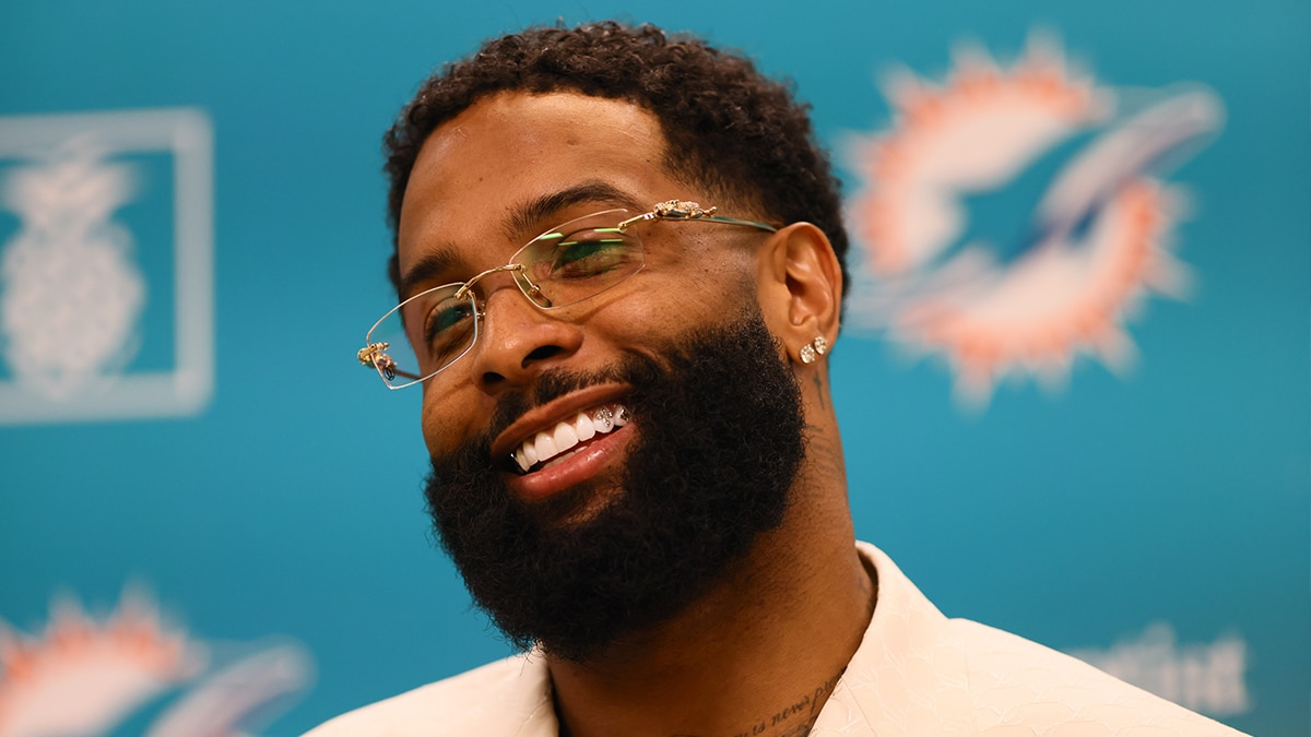 Miami Dolphins wide receiver Odell Beckham Jr. speaks to the media during an introductory press conference at Baptist Health Training Complex.