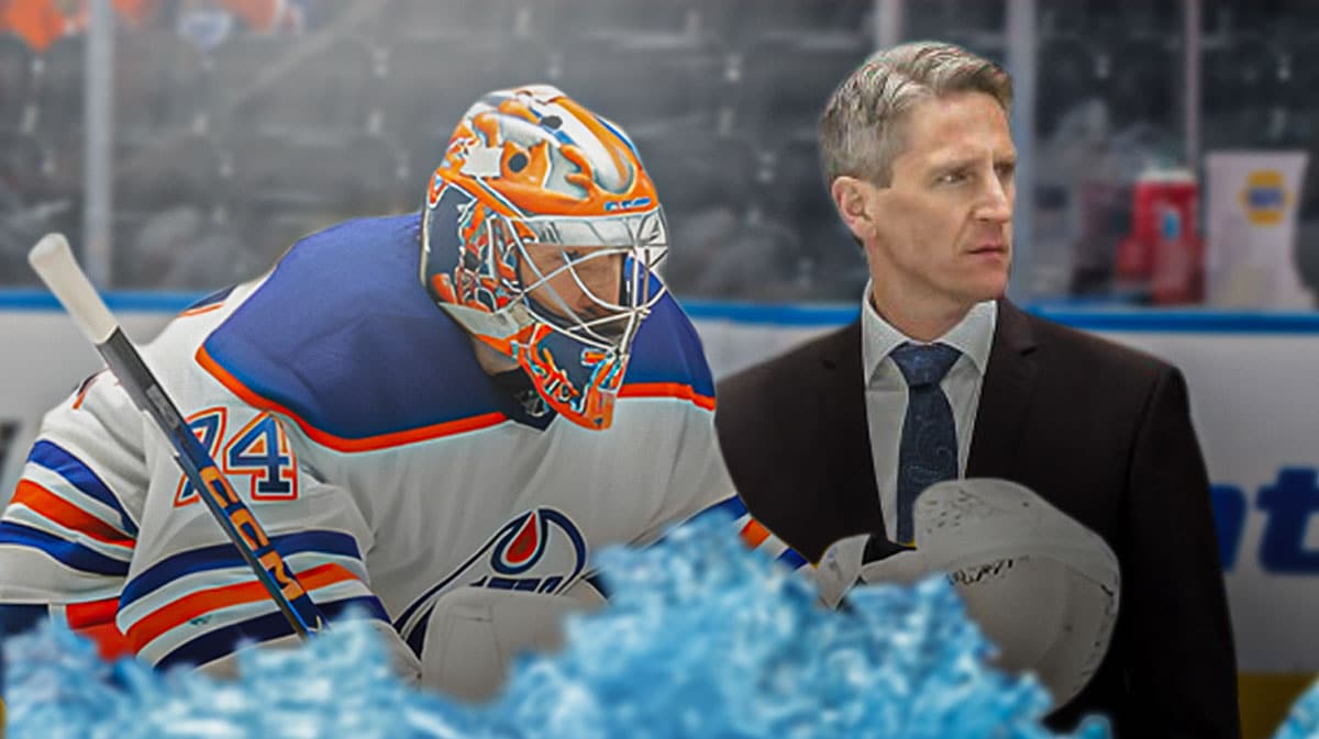 Photo: Stuart Skinner in Oilers jersey in action looking serious, Oilers head coach Kris Knoblauch looking serious beside him