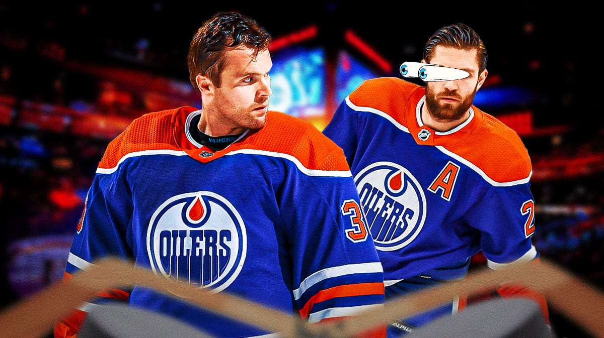 Edmonton Oilers goalie Calvin Pickard next to Leon Draisaitl