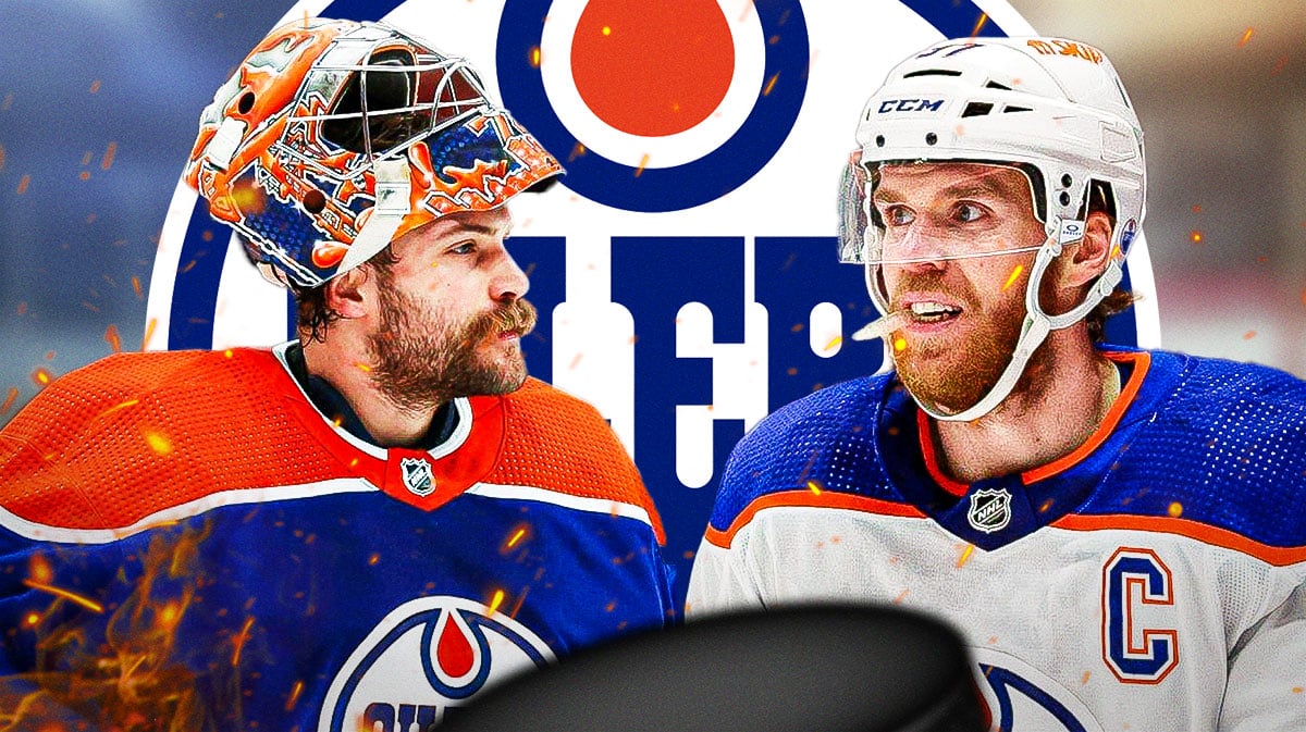 Connor McDavid and Stuart Skinner both in image looking happy with fire around them, Edmonton Oilers logo, hockey rink in background