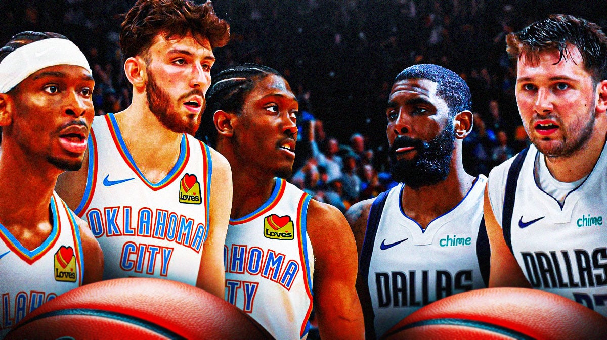 Thunder players Shai Gilgeous-Alexander, Chet Holmgren and Jalen Williams on one side with the Mavericks Luka Doncic and Kyrie Irving on the other.