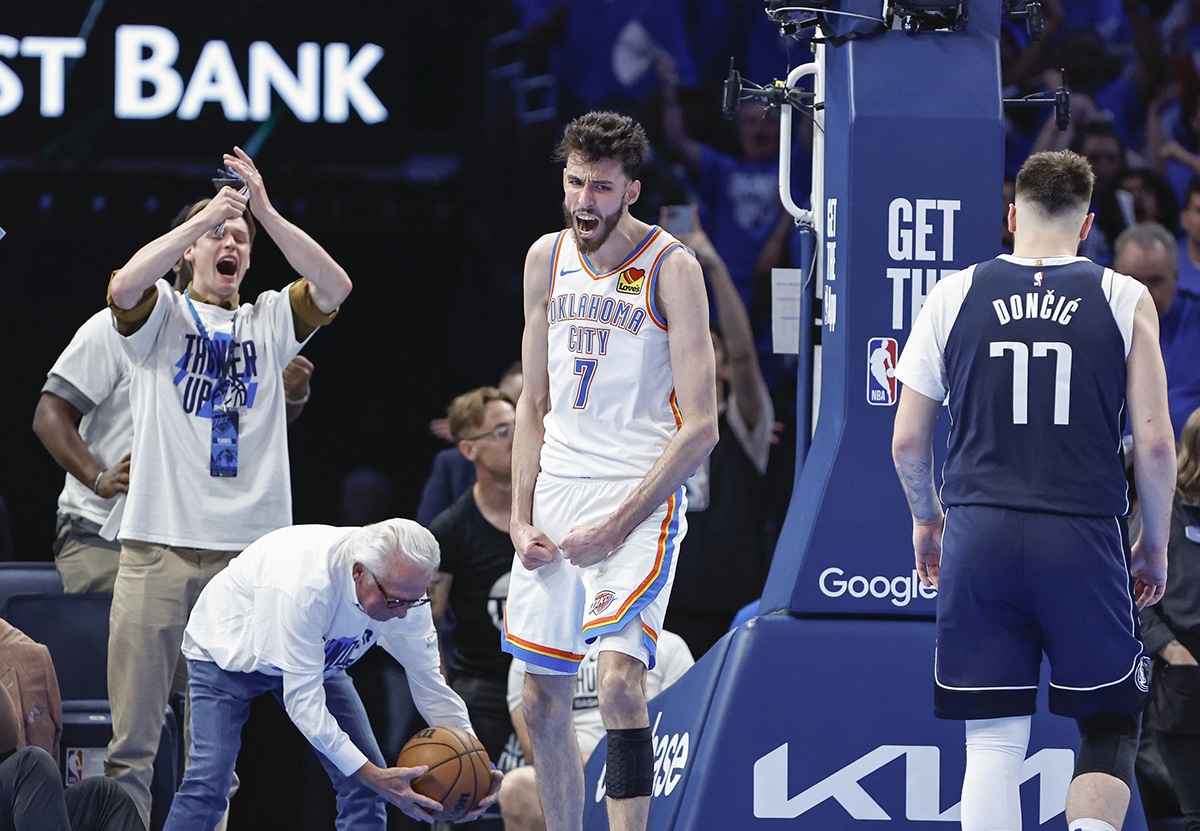 May 7, 2024; Oklahoma City, Oklahoma, USA; Oklahoma City Thunder forward Chet Holmgren (7) celebrates after a basket against the Dallas Mavericks during the second half of game one of the second round for the 2024 NBA playoffs at Paycom Center. Mandatory Credit: Alonzo Adams-USA TODAY Sports
