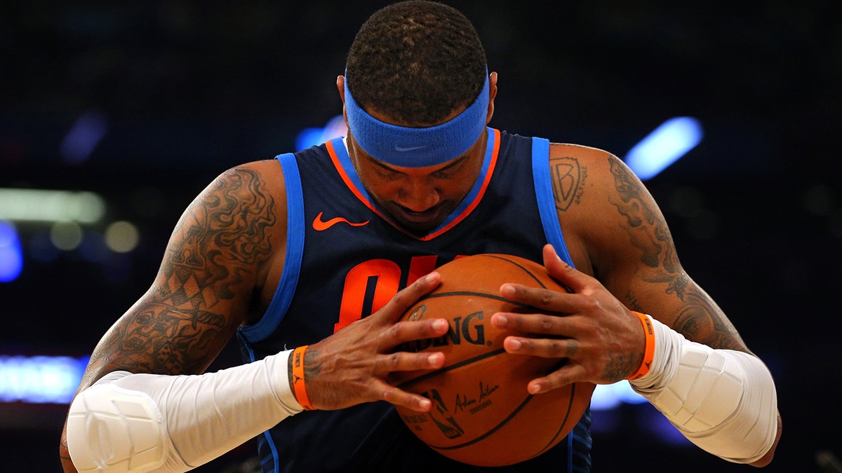 Dec 16, 2017; New York, NY, USA; Oklahoma City Thunder power forward Carmelo Anthony (7) holds the basketball before the start of a game against the New York Knicks at Madison Square Garden. Mandatory Credit: Brad Penner-USA TODAY Sports