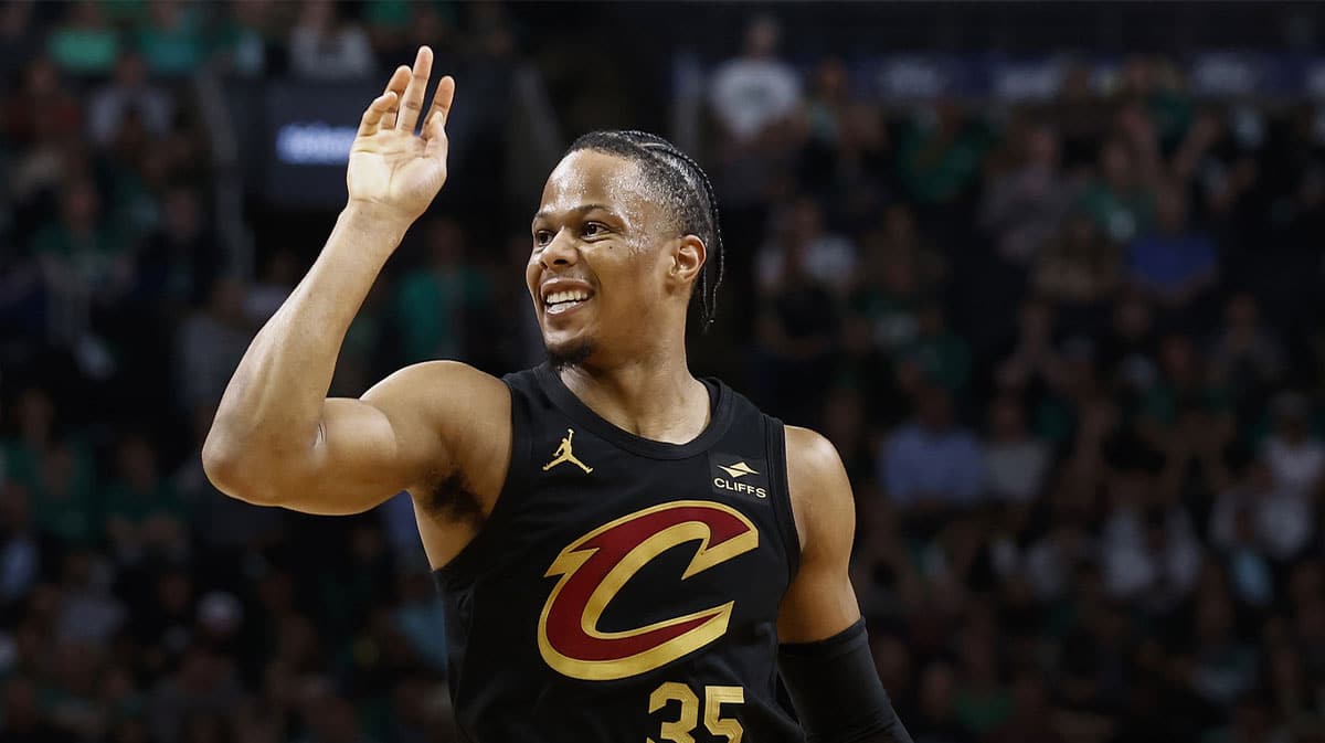Cleveland Cavaliers forward Isaac Okoro (35) grimaces after missing a shot against the Boston Celtics during the second quarter of game one of the second round of the 2024 NBA playoffs at TD Garden. 