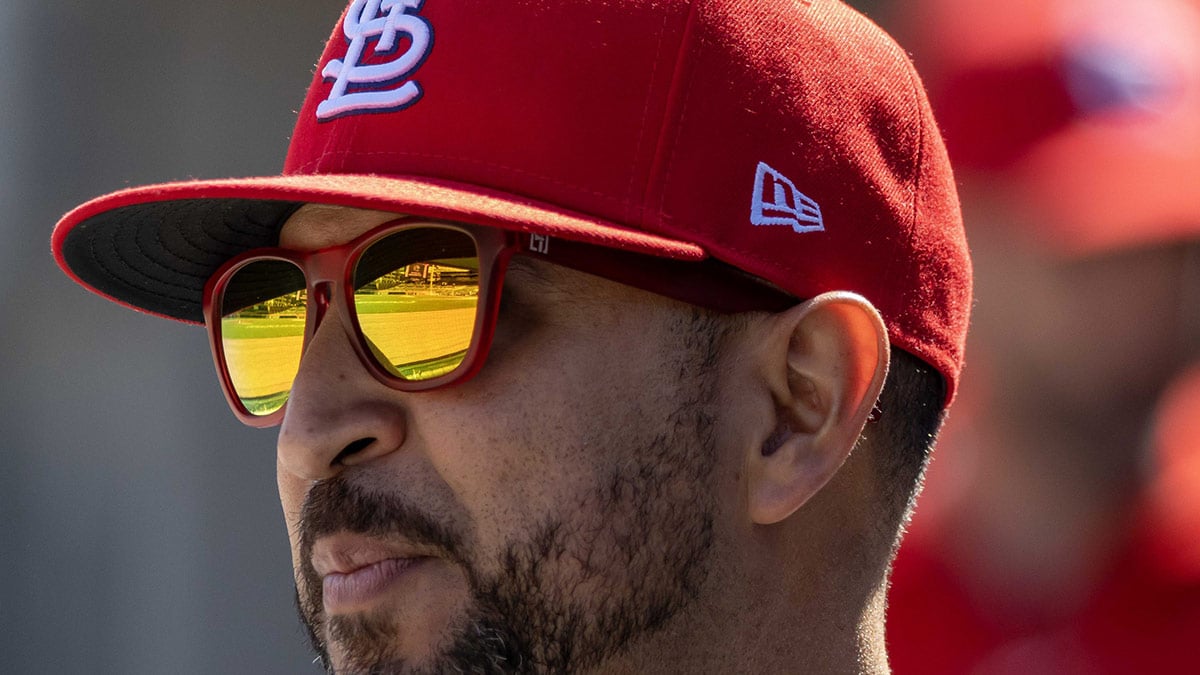 St. Louis Cardinals manager Oliver Marmol (37) watches from the dugout in the first inning against the Detroit Tigers at Comerica Park.