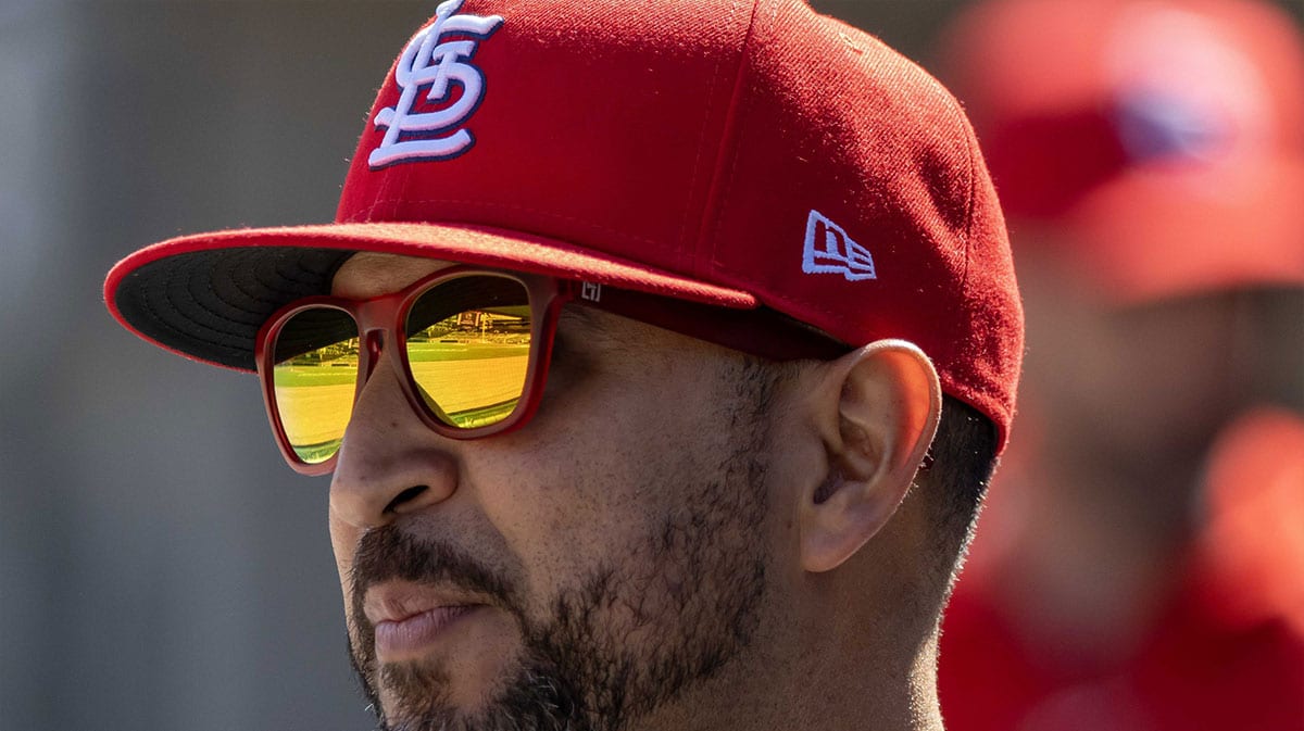 St. Louis Cardinals manager Oliver Marmol (37) watches from the dugout in the first inning against the Detroit Tigers at Comerica Park. 