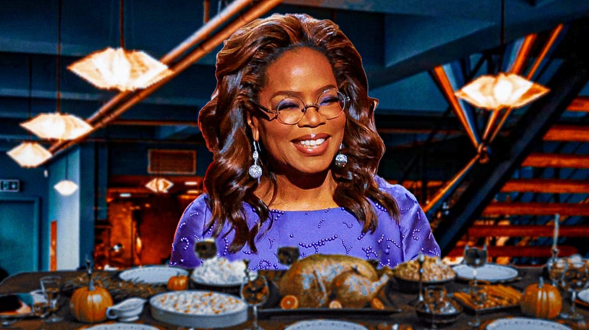 Oprah at a dinner table.