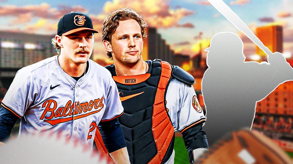 Orioles' Gunnar Henderson and Adley Rutschman next to a silhouette of a player