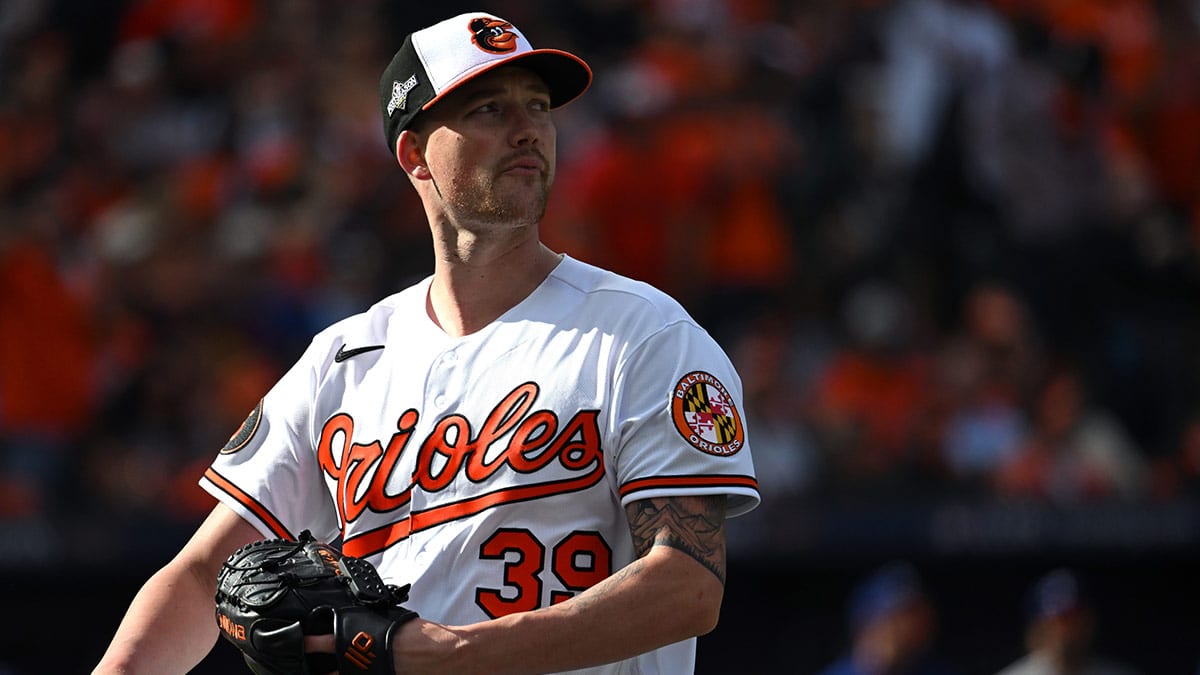 Baltimore Orioles starting pitcher Kyle Bradish (39) looks on during the third inning against the Texas Rangers in game one of the ALDS for the 2023 MLB playoffs at Oriole Park at Camden Yards.