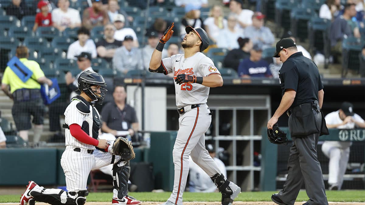 Baltimore Orioles outfielder Anthony Santander (25) crosses home plate after hitting a solo home run against the Chicago White Sox during the fourth inning at Guaranteed Rate Field.