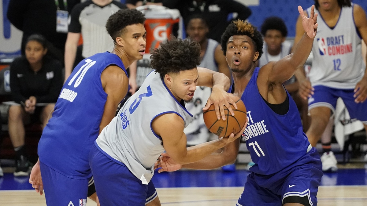 May 15, 2024; Chicago, IL, USA; Oso Ighodaro (70) Mark Sears (3) and Harrison Ingram (71) participate in the 2024 NBA Draft Combine at Wintrust Arena. Mandatory Credit: David Banks-USA TODAY Sports