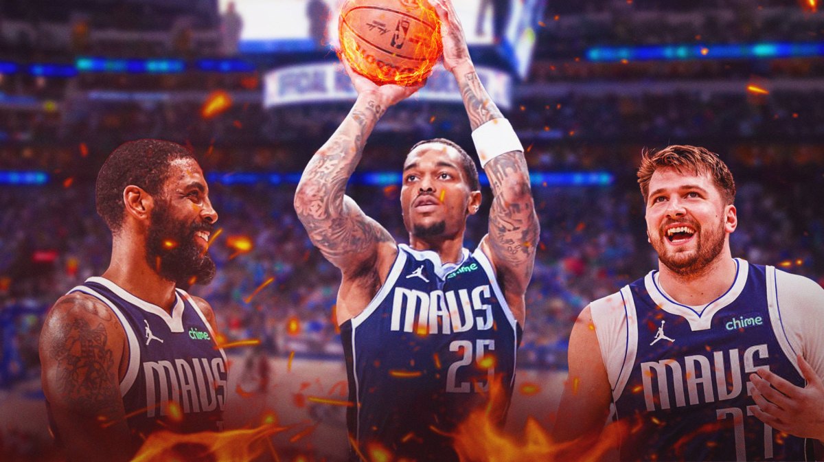 Mavericks' PJ Washington shooting a basketball with fire coming off the ball. Have Mavericks' Luka Doncic and Mavericks' Kyrie Irving both smiling and looking at Washington.