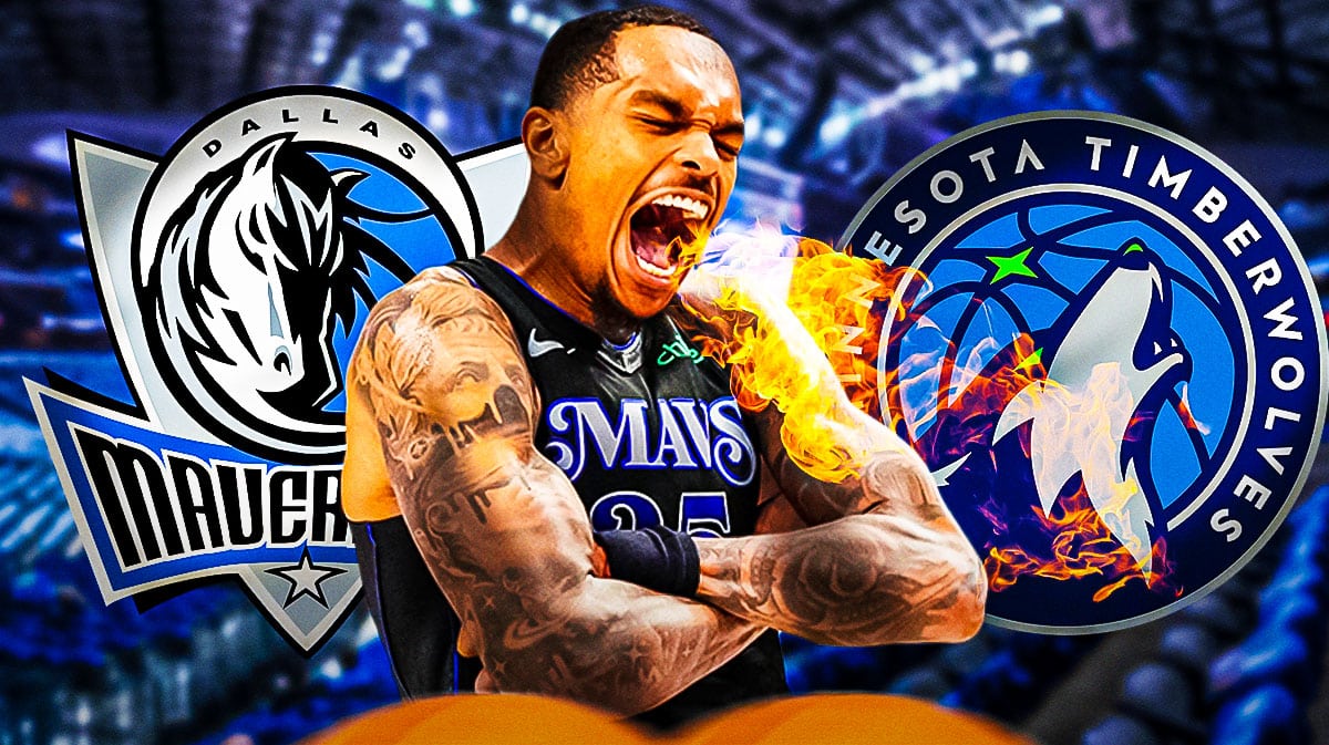 Mavericks' PJ Washington breathing fire in front. In background, place the Mavericks and Timberwolves' 2024 logos.