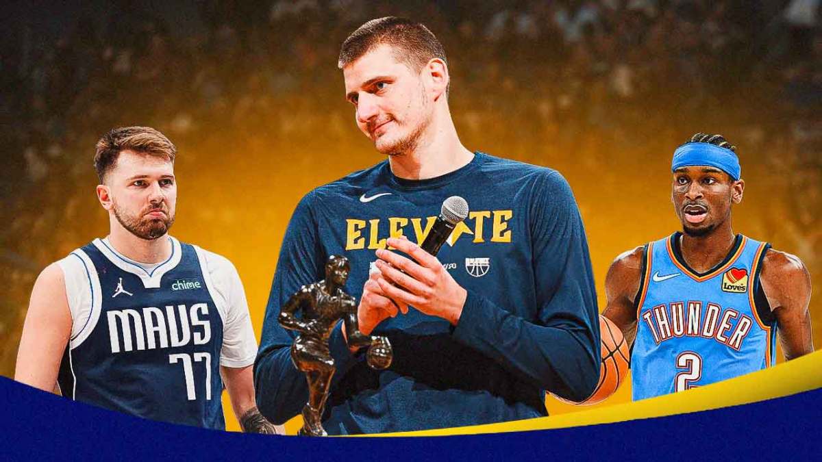 Nikola Jokic with MVP award next to Luka Doncic and Shai Gilgeous-Alexander