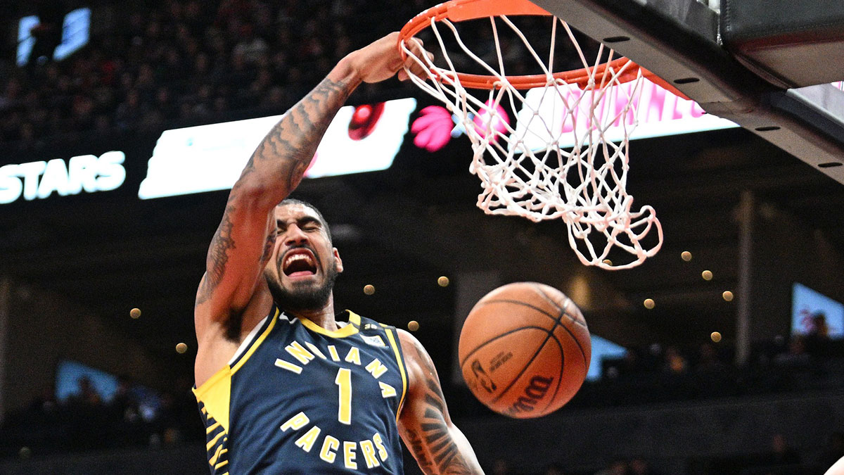 Indiana Pacers forward Obi Toppin (1) dunks for a basket against the Toronto Raptors in the second half at Scotiabank Arena. 