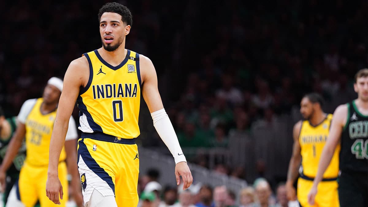 Indiana Pacers guard Tyrese Haliburton (0) reacts against the Boston Celtics in the first half during game two of the eastern conference finals for the 2024 NBA playoffs at TD Garden. 