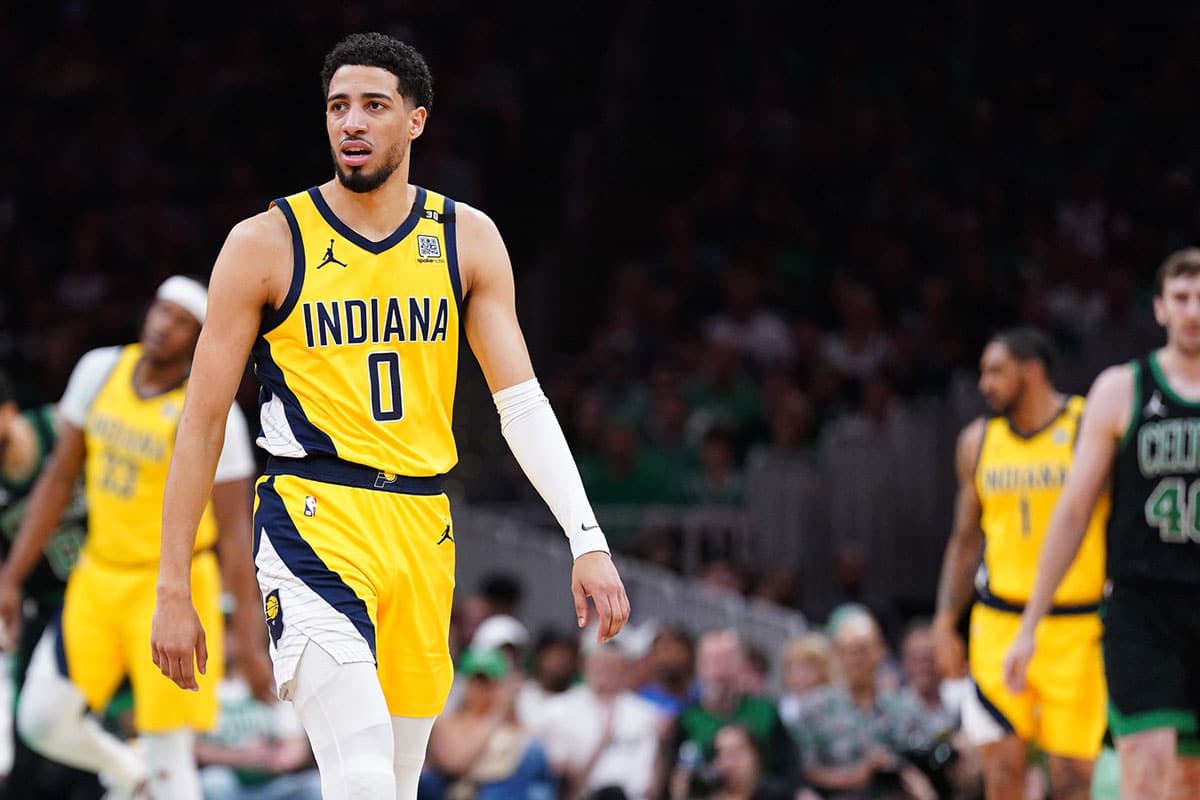 Indiana Pacers guard Tyrese Haliburton (0) reacts against the Boston Celtics in the first half during game two of the eastern conference finals for the 2024 NBA playoffs at TD Garden.