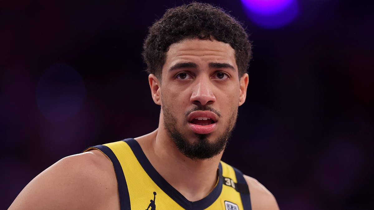 Indiana Pacers guard Tyrese Haliburton (0) reacts during the third quarter of game seven of the second round of the 2024 NBA playoffs against the New York Knicks at Madison Square Garden