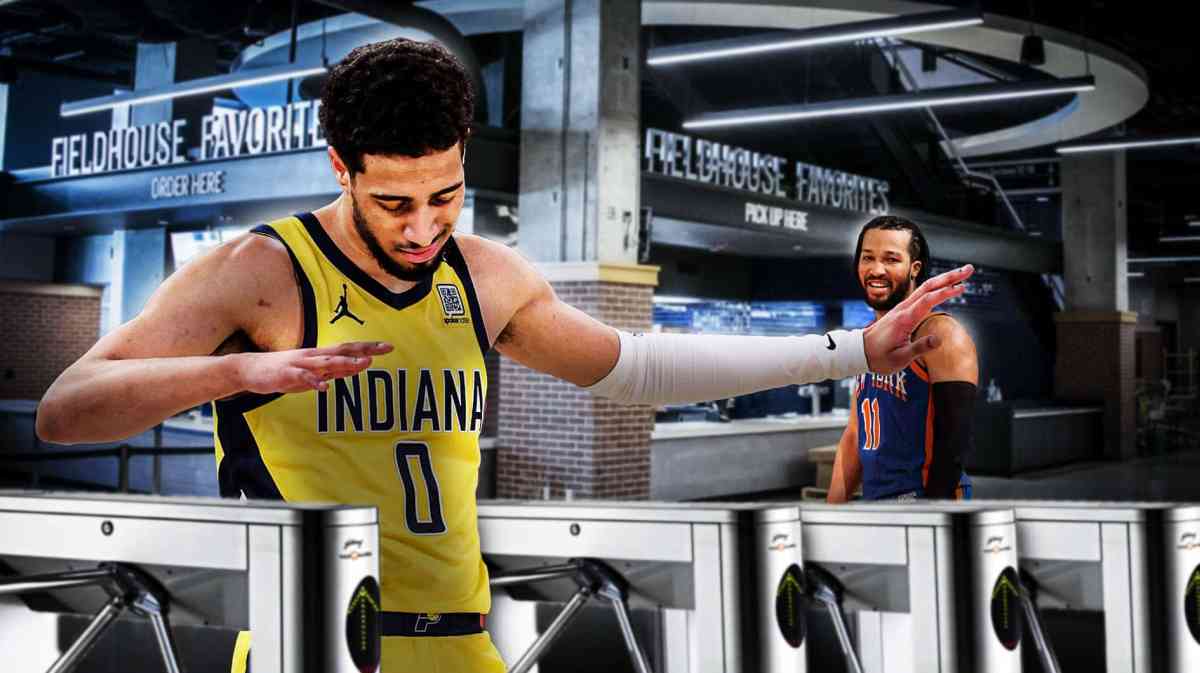 Pacers' Tyrese Haliburton sad, with plenty of turnstiles around him, with Knicks' Jalen Brunson laughing