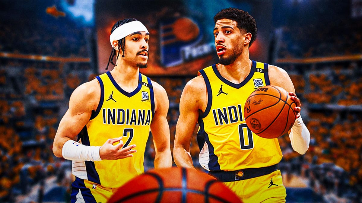 Indiana Pacers stars Andrew Nembhard and Tyrese Haliburton in front of Gainsbridge Fieldhouse.
