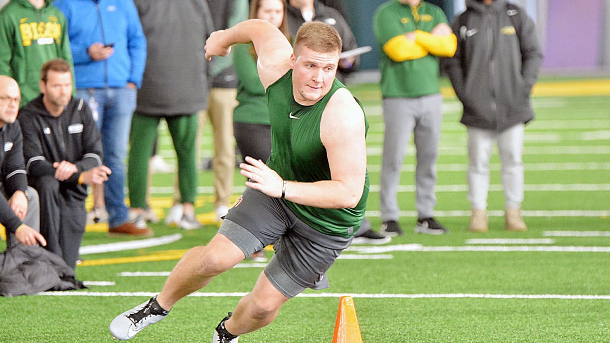 North Dakota State University defensive end and 2017 Watertown High School graduate Spencer Waege sprints around a cone during NDSU's NFL Pro Day on Wednesday, March 29, 2023 in the Nodak Insurance Football Performance Complex at Fargo, N.D.