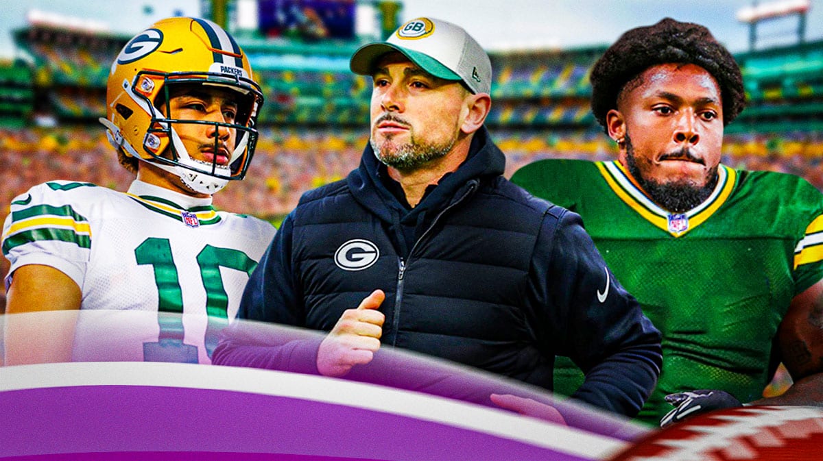 Jordan Love, Matt LaFleur and Josh Jacobs with Lambeau Field in background