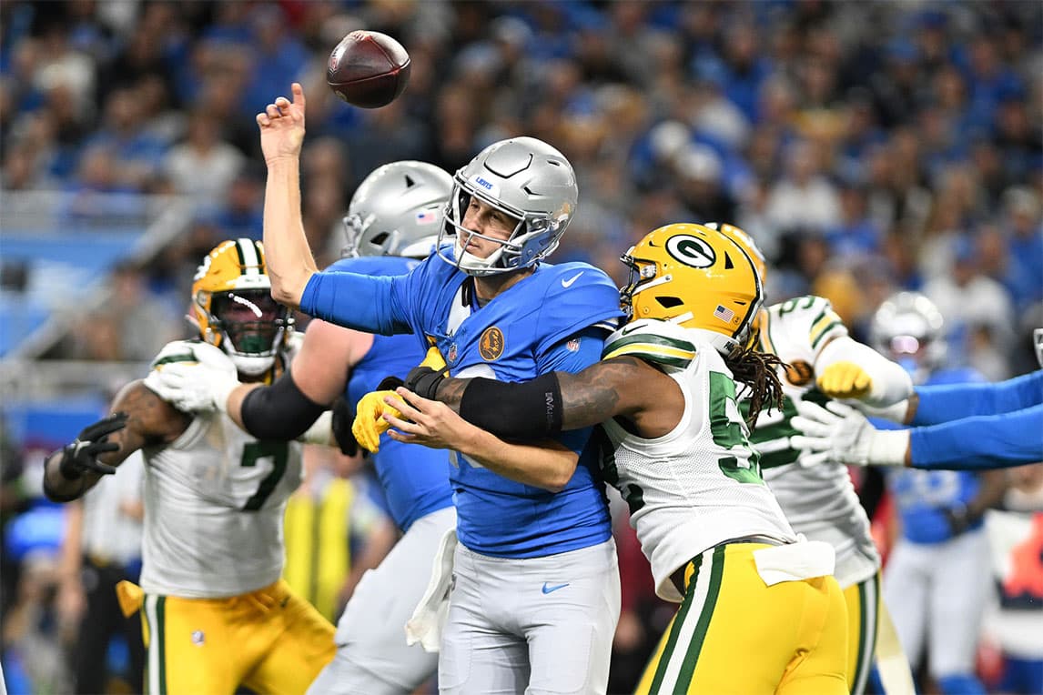 Detroit Lions quarterback Jared Goff (16) fumbles the ball while being hit by Green Bay Packers linebacker Rashan Gary (52) in the first quarter at Ford Field. Goff s fumble was recovered by Green Bay Packers safety Jonathan Owens (34) and returned for a touchdown.