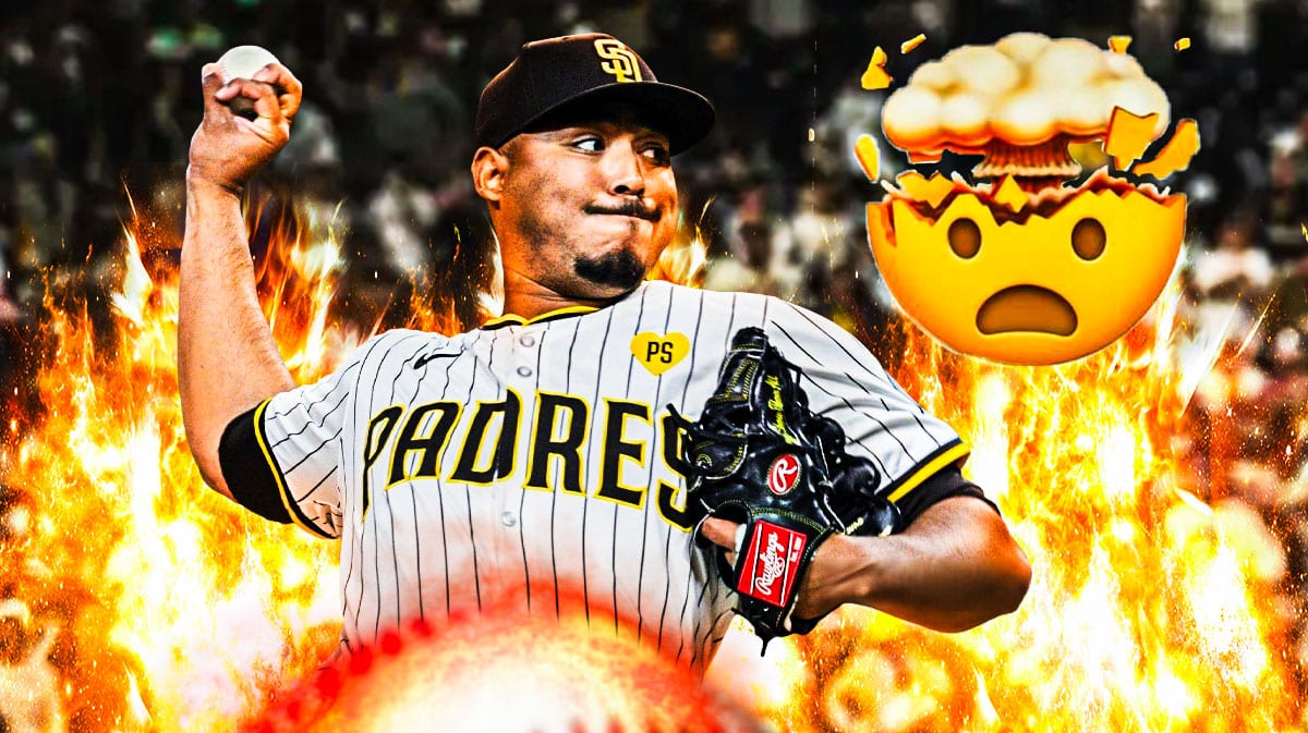 Photo: Jeremiah Estrada in action in Padres jersey with fire all around him and brain exploding emojis