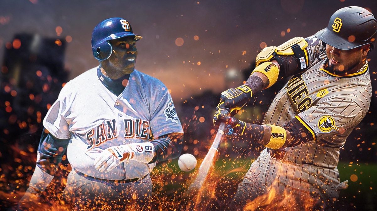 Padres legend Tony Gwynn, recent addition Luis Arraez with a flaming bat