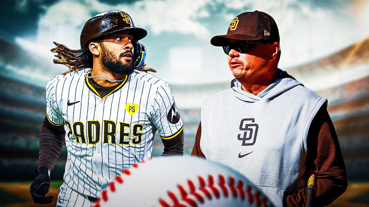 Fernando Tatis Jr., Mike Shildt, Padres, Fernando Tatis Jr. Padres, Mike Shildt Padres, Mike Schildt and Fernando Tatis Jr. with Padres stadium in the background