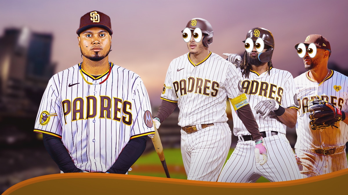 Photo: Luis Arraez in Padres jersey, Manny Machado, Fernando Tatis Jr, Xander Bogaerts in Padres jerseys with peeping eyes behind him