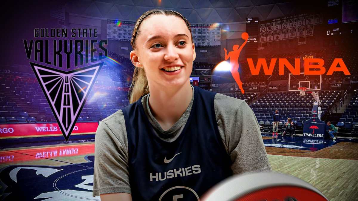UConn women's basketball star Paige Bueckers stands next to Golden State Valkyries, WNBA logo