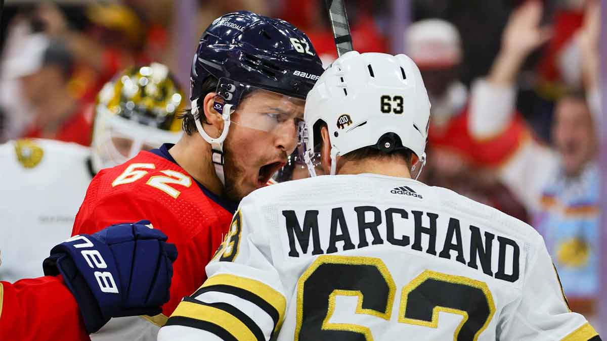 Florida Panthers defenseman Brandon Montour (62) celebrates in front of Boston Bruins left wing Brad Marchand (63) after scoring during the third period in game two of the second round of the 2024 Stanley Cup Playoffs at Amerant Bank Arena.