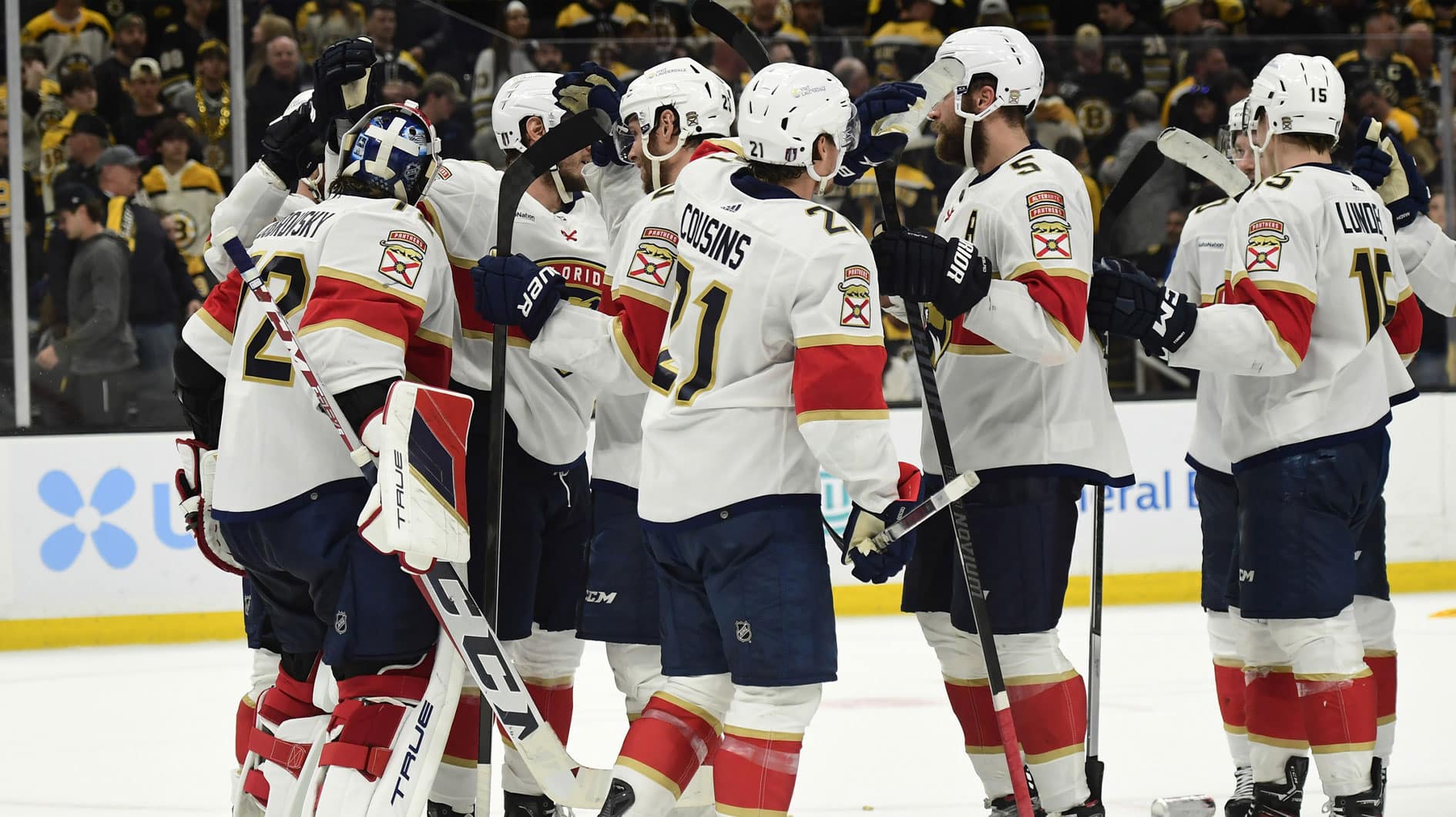 he Florida Panthers congratulate each other after defeating the Boston Bruins in game six of the second round of the 2024 Stanley Cup Playoffs at TD Garden.