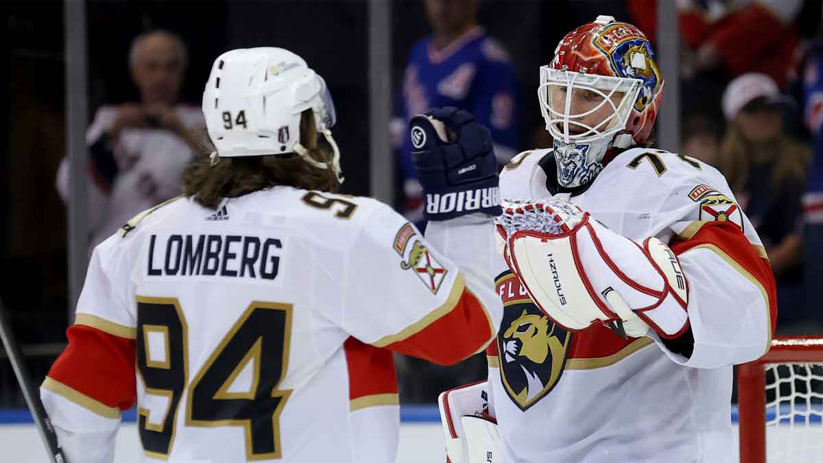 Florida Panthers goaltender Sergei Bobrovsky (72) celebrates with left wing Ryan Lomberg (94) after defeating the New York Rangers in game one of the Eastern Conference Final of the 2024 Stanley Cup Playoffs at Madison Square Garden.