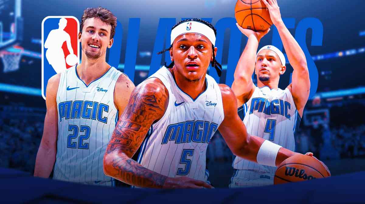 Franz Wagner, Paolo Banchero, Jalen Suggs with NBA Playoffs logo