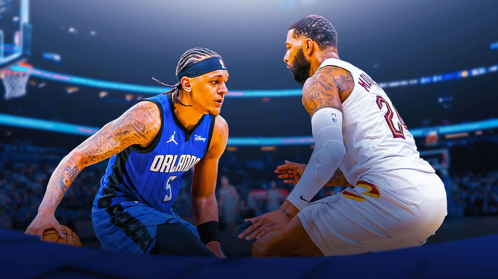 Orlando Magic forward Paolo Banchero (5) handles the ball in front of Cleveland Cavaliers forward Marcus Morris Sr. (24) during the second quarter of game six of the first round for the 2024 NBA playoffs at Kia Center.