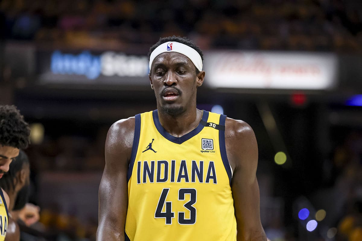 May 27, 2024; Indianapolis, Indiana, USA; Indiana Pacers forward Pascal Siakam (43) during the second quarter during game four of the eastern conference finals for the 2024 NBA playoffs at Gainbridge Fieldhouse.