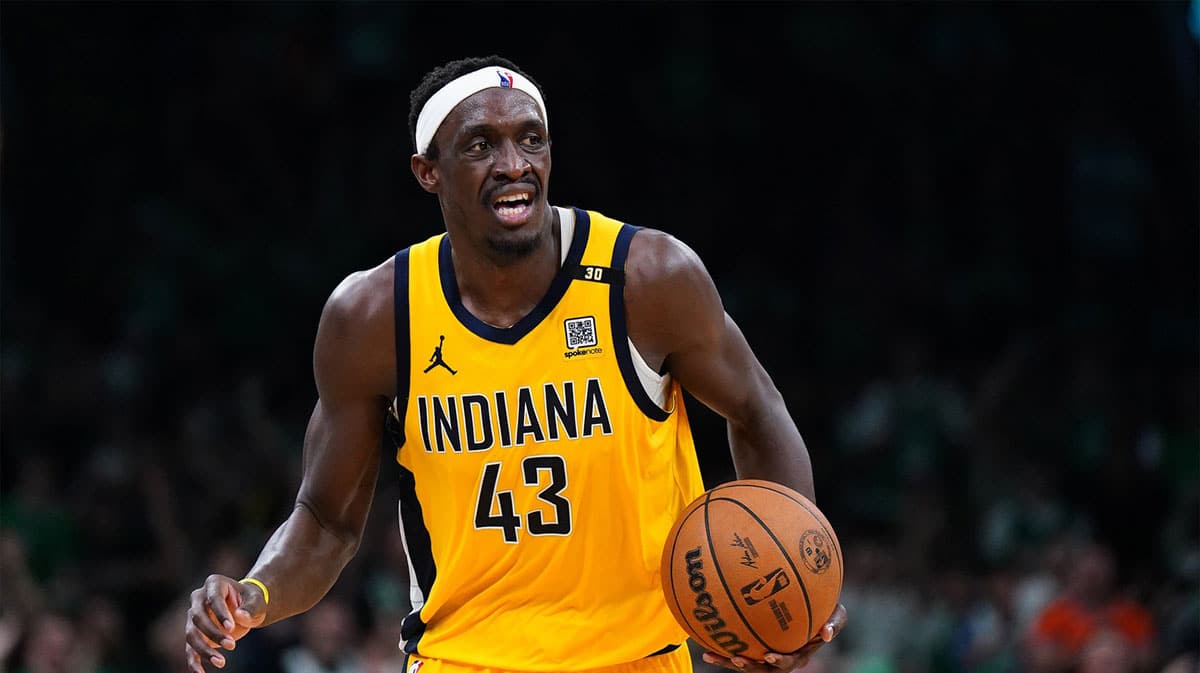 Indiana Pacers forward Pascal Siakam (43) dribbles the ball against the Boston Celtics in the second half during game two of the eastern conference finals for the 2024 NBA playoffs at TD Garden.