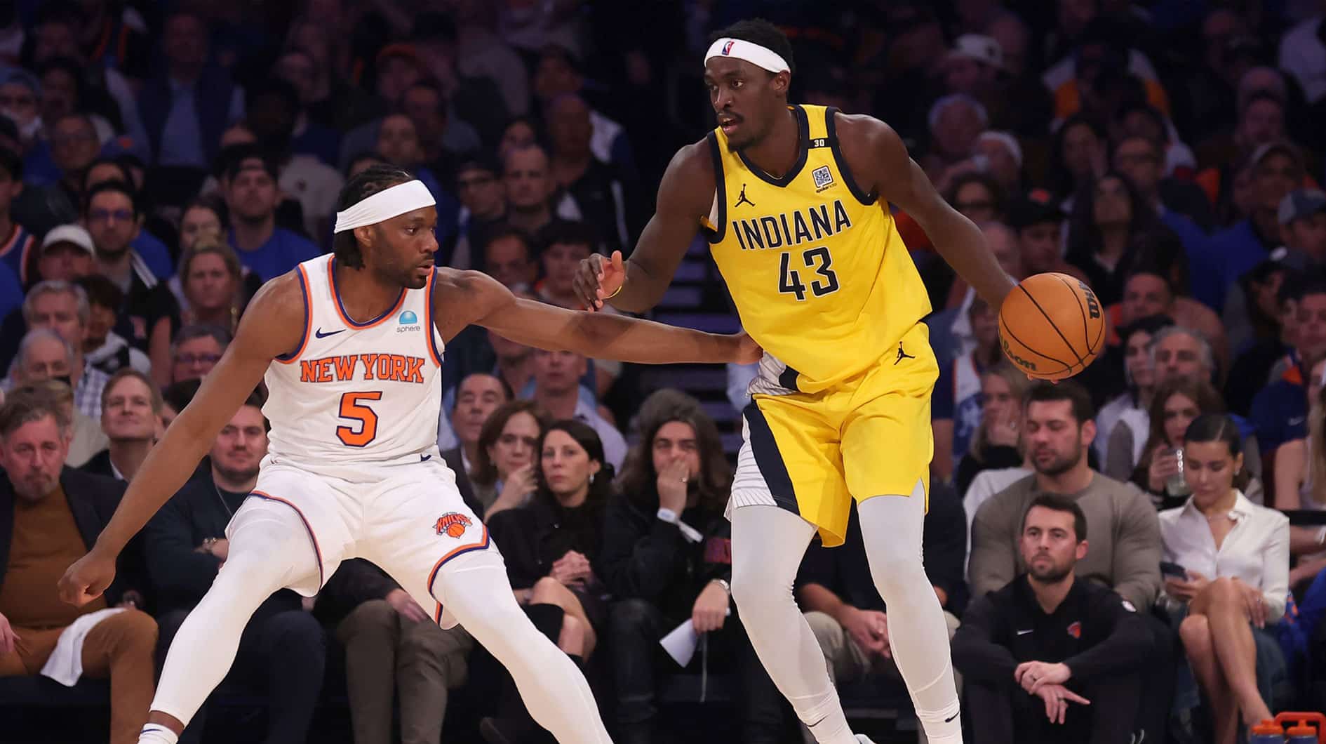 Indiana Pacers forward Pascal Siakam (43) controls the ball against New York Knicks forward Precious Achiuwa (5) during the second quarter of game one of the second round of the 2024 NBA playoffs at Madison Square Garden.