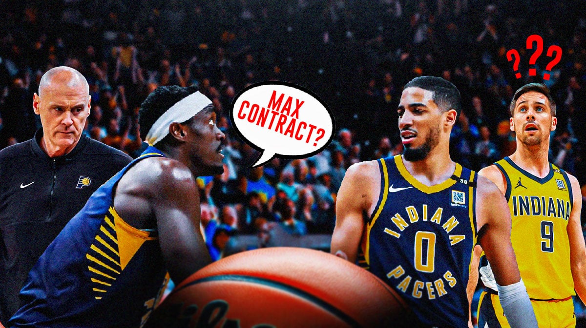 Pacers' Pascal Siakam saying "Max contract?" next to Rick Carlisle, Tyrese Haliburton and TJ McConnell