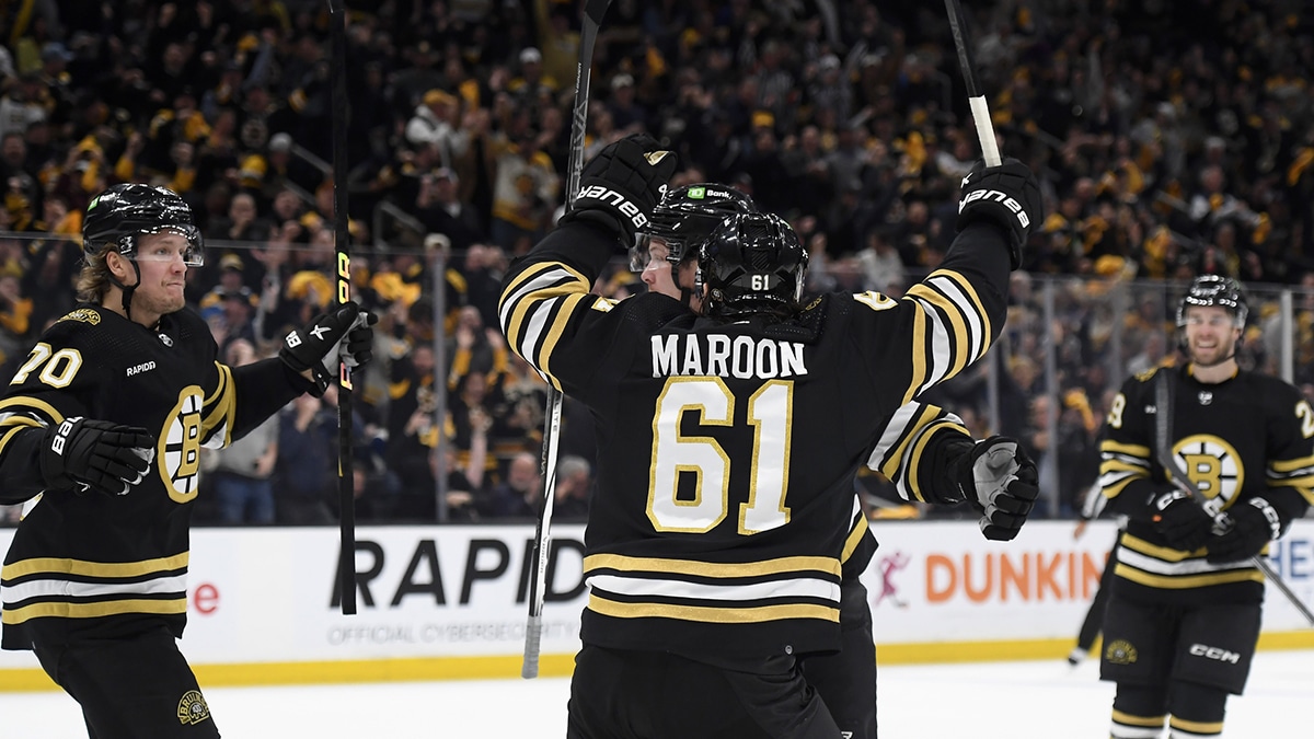 Boston Bruins left wing Pat Maroon (61) reacts after a goal by center Trent Frederic (11) during the first period in game five of the first round of the 2024 Stanley Cup Playoffs against the Toronto Maple Leafs at TD Garden.