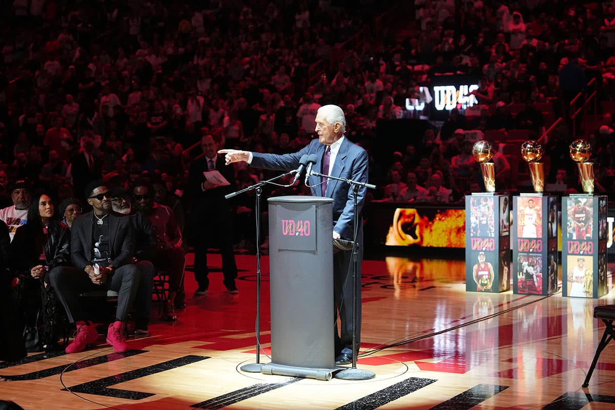 Miami Heat president Pat Riley speaks during the jersey retirement ceremony for former player Udonis Haslem during halftime of the game between the Miami Heat and the Atlanta Hawks Kaseya Center.