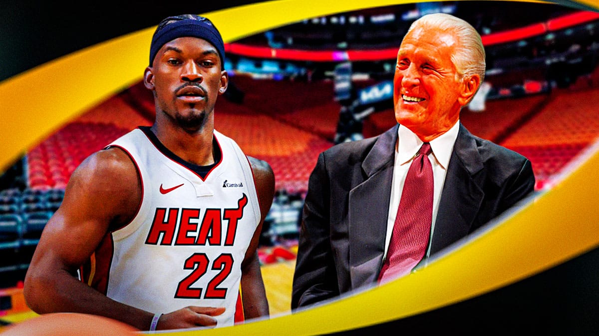 Miami Heat star Jimmy Butler and Pat Riley in front of the Kaseya Center.